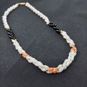Seed Pearl Necklace Black Coral Gold Beads Fresh Water 16.5"